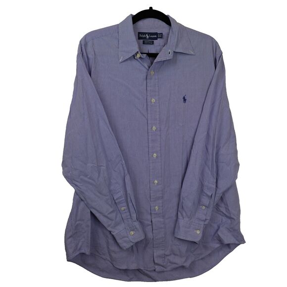VTG Ralph Lauren Button Down Shirt Mens Size 16.5 34/35 Blue Striped Logo Cotton - Picture 6 of 15